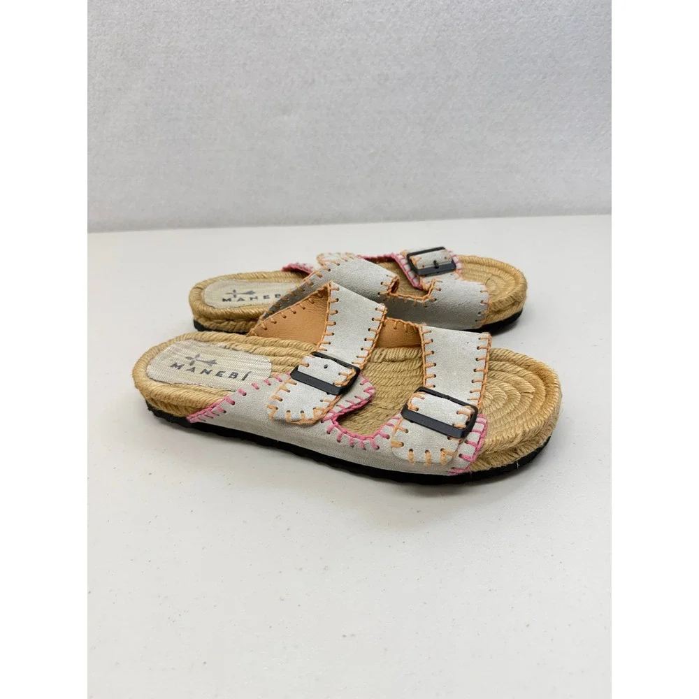 Manebi Nordic Suede Espadrille Buckle Sandals Beige Pink Stitching 40 10